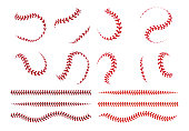 Baseball ball lace. Spherical curve and straight red stroke lines of softball ball. Vector graphic elements for sport logo and banners