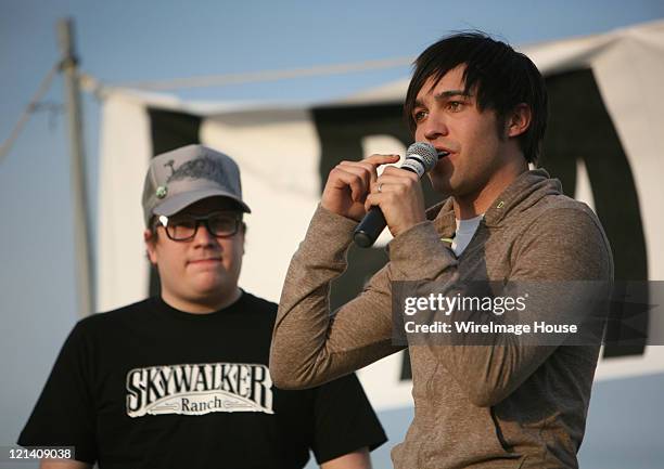 Patrick Stump and Pete Wentz speak at Invisible Children Hosts A Global Event: The Rescue on April 25, 2009 in Washington, D.C.