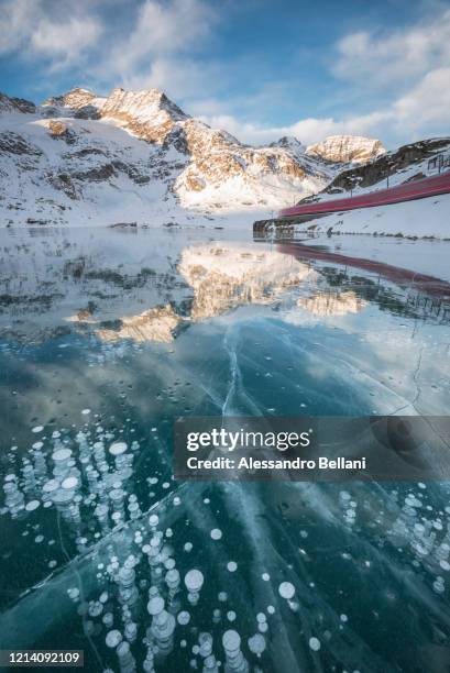 bernina express train and frozen bubbles, switzerland - piz bernina stock pictures, royalty-free photos & images