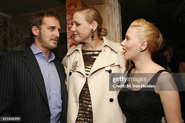 Josh Lucas, Amy Sacco and Scarlett Johansson during "Les Perles de Chanel" Private Dinner at the Box- Inside at The Box in New York City, New York,...