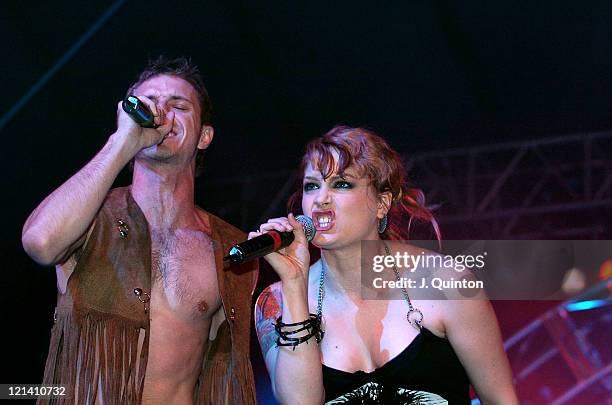 Jake Shears and Ana Matronic of Scissor Sisters during We Love Homelands 2004 at Matterley Bowl in Winchester, Great Britain.