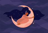 Illustration of girl sleeping on the moon or modern witch
