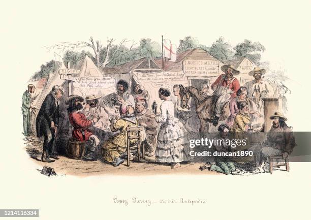 caricature of life in a nineteenth century australian settlement, victorian - colonialism stock illustrations