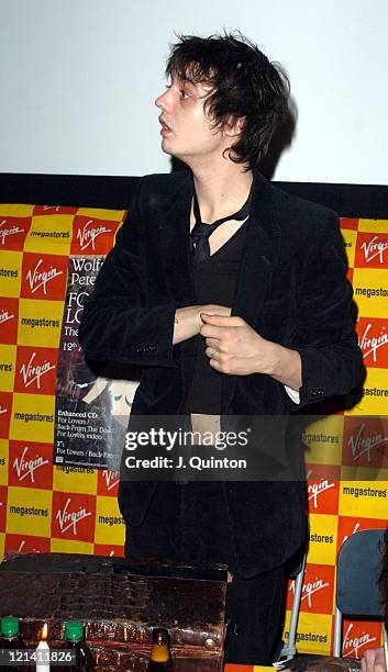 Pete Doherty during Wolfman Featuring Pete Doherty Launch New Single "For Lovers" at Virgin Megastore in London, Great Britain.