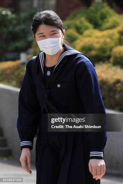 Princess Aiko, daughter of Emperor Naruhito, wearing a face mask amid the coronavirus outbreak, arrives at Gakushuin Girls' Senior High School prior...