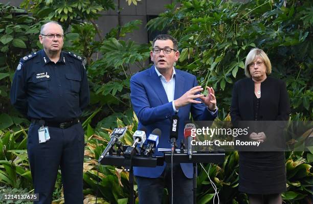 Victorian Premier Daniel Andrews flanked by the Chief Commissioner of Police, Graham Ashton and the Minister for Emergency Services, Lisa Neville...