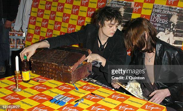 Pete Doherty and Wolfman during Wolfman Featuring Pete Doherty Launch New Single "For Lovers" at Virgin Megastore in London, Great Britain.