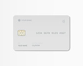 Blank grey plastic credit or debit card mockup from front view. Vector illustration.