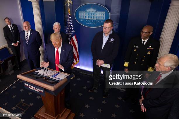 President Donald Trump speaks at the daily coronavirus briefing joined by Dr. Robert Redfield, Director of the Center for Disease Control and...