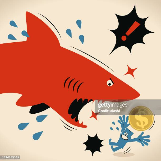 blue businessman holding dollar sign curency coin is getting attacked by a shark - asian eating stock illustrations