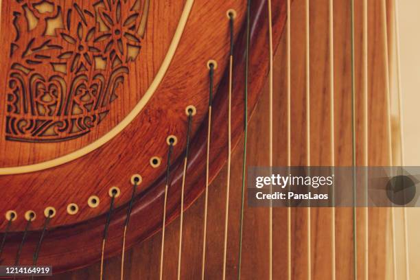 chinese traditional musical instrument guzheng strings detail - harp stock pictures, royalty-free photos & images