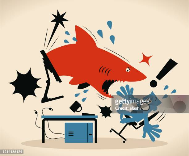 bildbanksillustrationer, clip art samt tecknat material och ikoner med blå affärsman som använder datorn blir attackerad av en haj som fjädrar ur skärmen - hotelse
