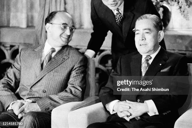 Mexican President Luis Echeverria and Japanese Prime Minister Eisaku Sato talk during their meeting at the prime minister's official residence on...