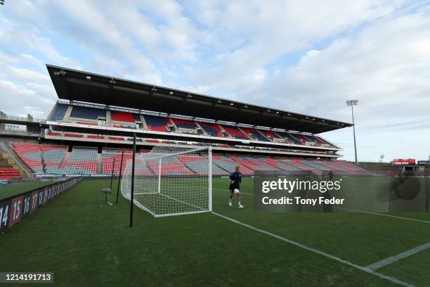Melbourne City players warm up before the start of the game during the round 26 A-League match between the Newcastle Jets and Melbourne City at...