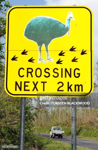 Road sign warns drivers to slow down due to the flightless southern cassowaries crossing near Mission Beach on March 19, 2011. AFP PHOTO / Torsten...