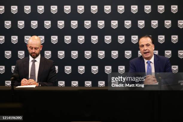 Todd Greenberg and ARLC Chairman Peter V’landys speak to the media during an NRL press conference at NRL headquarters on March 23, 2020 in Sydney,...