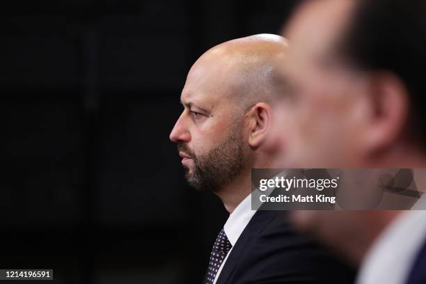 Todd Greenberg speaks to the media during an NRL press conference at NRL headquarters on March 23, 2020 in Sydney, Australia.