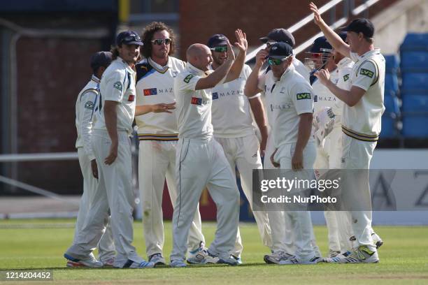 Yorkshire's players celebrate taking a wicket during the LV County Championship match between Yorkshire and Durham at Headingley Cricket Ground, St...