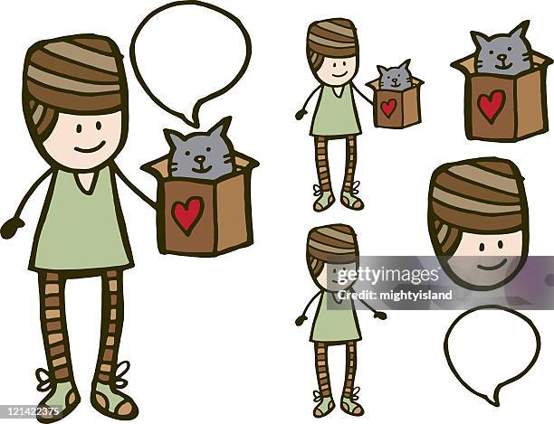 man with cute pet cat - cat in box stock illustrations