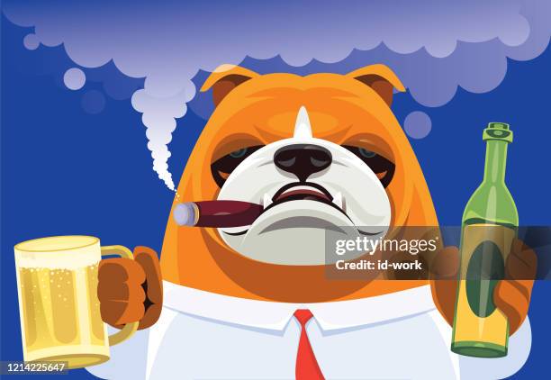 boss bulldog holding mug and bottle of beer - cigars stock illustrations