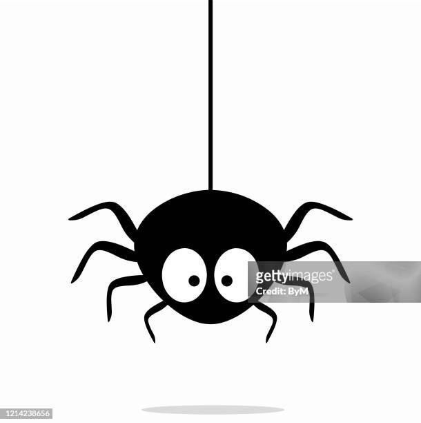 ilustrações de stock, clip art, desenhos animados e ícones de cute black spider hangs on a spider web isolated on white background. vector illustration eps 10 - teia de aranha