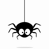 Cute black spider hangs on a spider web isolated on white background. Vector illustration EPS 10