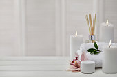 Spa treatments on white wooden table