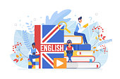 People learning English isometric vector illustration. Distance education, online learning concept. Students reading books 3d cartoon characters. Using hi-tech gadgets for teaching foreign languages.