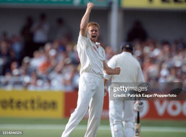 Shaun Pollock of South Africa celebrates the wicket of England batsman Andrew Flintoff during the 5th Test match between England and South Africa at...