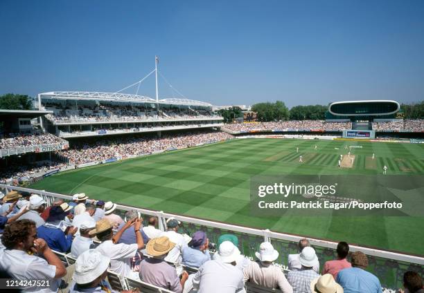 General view of the ground from the top of the pavilion, showing the new Grand Stand and the new Media Centre under construction as England follow on...