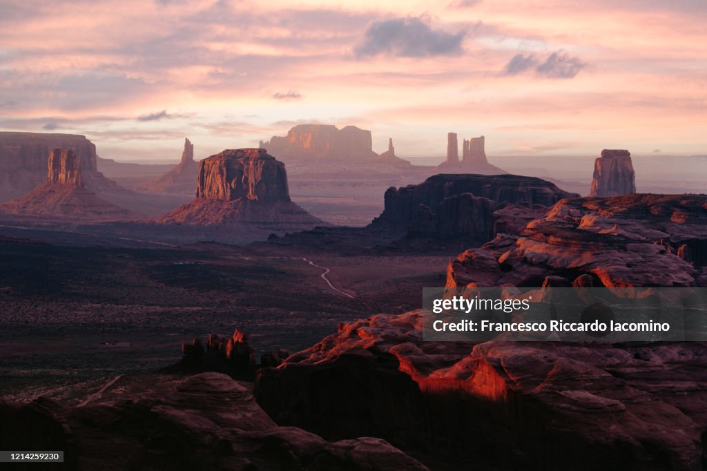 Wild West, Monument Valley from the Hunt's Mesa at sunset. Utah - Arizona border
