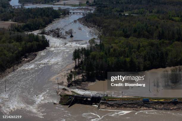 The Edenville dam is seen after breaking in this aerial photograph taken above Midland, Michigan, U.S., on Wednesday, May 20, 2020. President Donald...