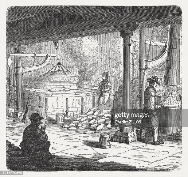 cupellation furnace in the past, wood engraving, published in 1893 - arsenic mineral stock illustrations