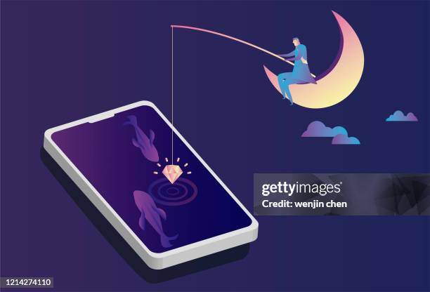 businessman sitting on the moon and fishing with diamonds in a mobile phone stock illustration - patience stock illustrations