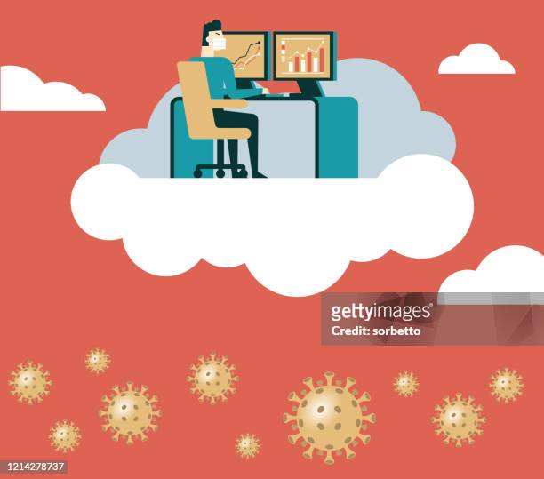 businessman works on the computer on clound - biological process stock illustrations