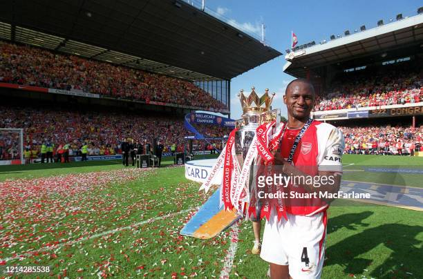 Patrick Vieira of Arsenal with Premier League Trophy after the Premier League match between Arsenal and Leicester City on May 15, 2004 Arsenal...