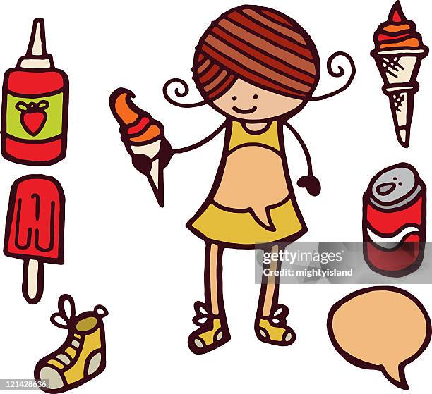 girl with ice cream and condiments - ice cream container white background stock illustrations