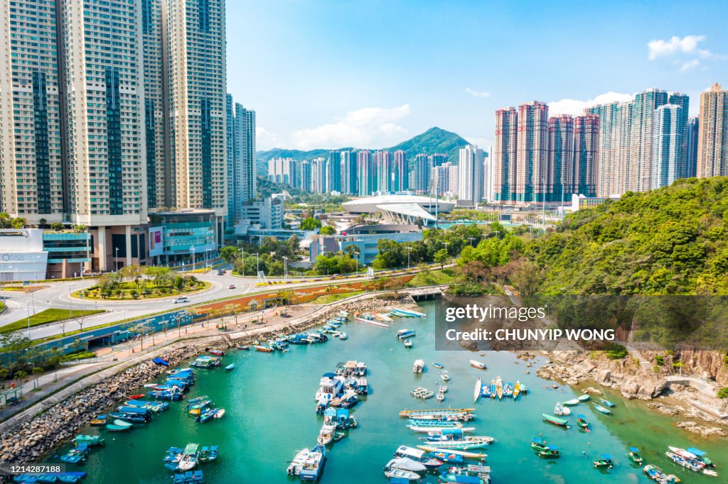 Drone view of Residential building in the Tseung Kwan O. Hong Kong