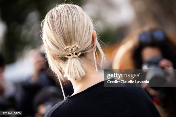 Linda Tol, Chanel hair clip detail, is seen outside Chanel, during Paris Fashion Week - Womenswear Fall/Winter 2020/2021 : Day Nine on March 03, 2020...