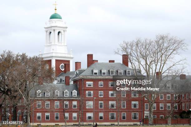 The Harvard University campus is shown on March 23, 2020 in Cambridge, Massachusetts. Students were required to be out of their dorms no later than...