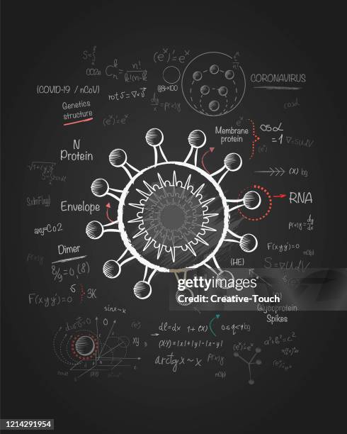 virus particle on the blackboard - particle board stock illustrations
