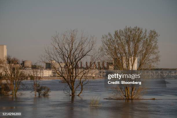 Flood waters from the Tittabawassee River surround a Dow Inc. Facility, after dams failed, in Midland, Michigan, U.S., on Wednesday, May 20, 2020....