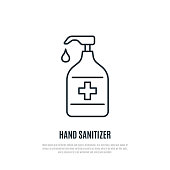 Hand sanitizer line icon isolated on white background. Antibacterial hand gel sign. Prevention of coronavirus. Stock vector illustration for web, mobile apps and print products.