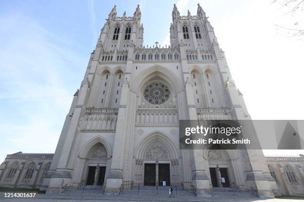 Detailed view of exterior of Washington National Cathedral prior to Sunday Mass being live-webcast to its parishioners due to the Coronavirus at an...