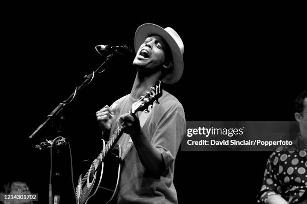 American singer and guitarist Eric Bibb performs live on stage at Fairfield Halls in Croydon, London on 15th October 2002.