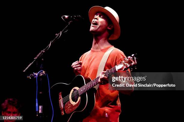 American singer and guitarist Eric Bibb performs live on stage at Fairfield Halls in Croydon, London on 15th October 2002.