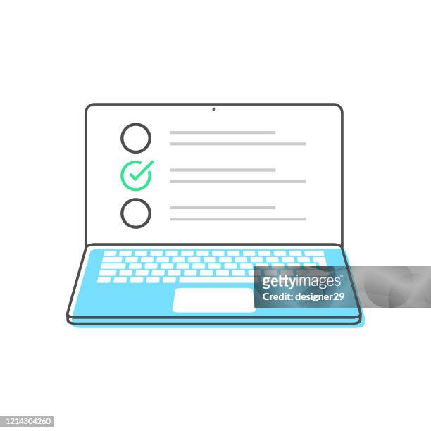 laptop-computer und checkboxes flat design vector design auf weißem hintergrund. - computer stock-grafiken, -clipart, -cartoons und -symbole