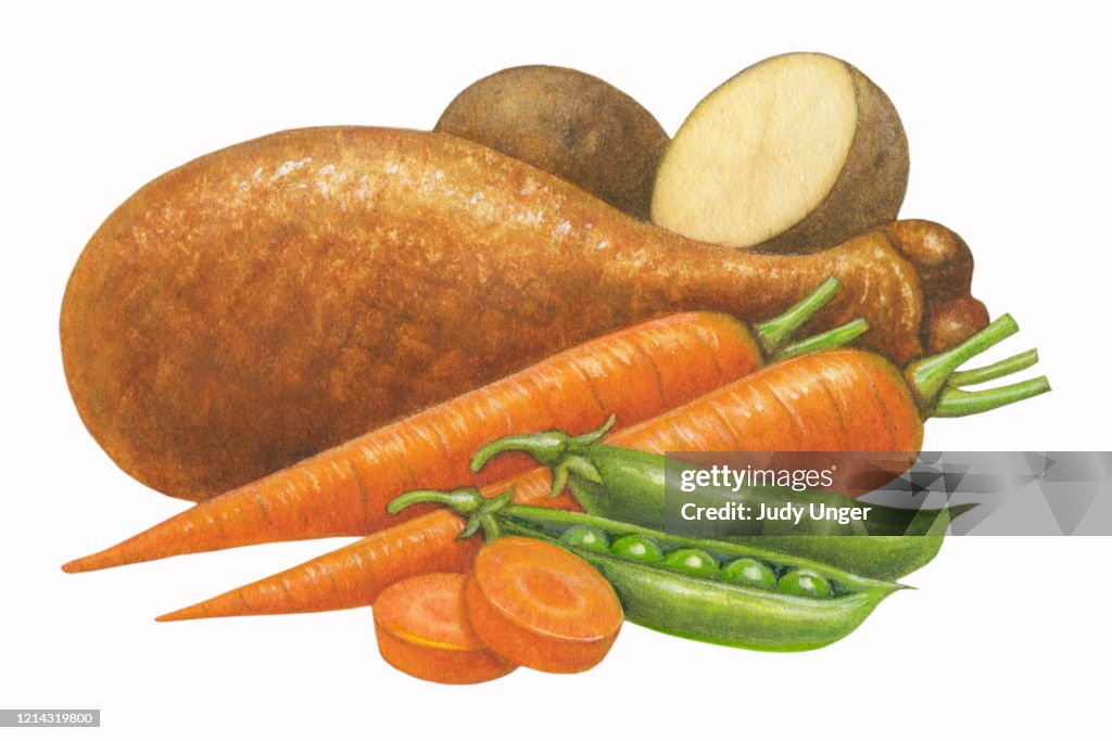 Turkey drumstick and vegetables