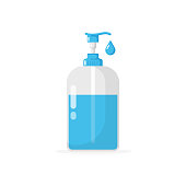 Liquid Soap and Dispenser Icon. Hand Cleaning for Soap, Disinfectant, Hygiene Concept Flat Design on White Background.