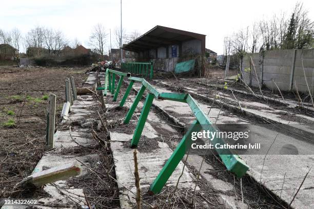 General view of the delapidated terraces and stands at Buckingham Road stadium, former home of Aylesbury United on March 23, 2020 in Aylesbury,...